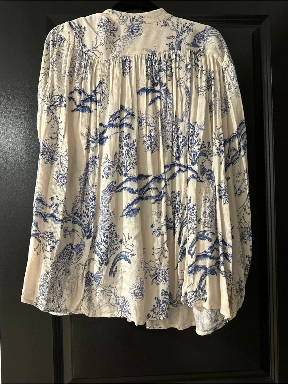 Free People Cream Blouse with Blue Toile Print